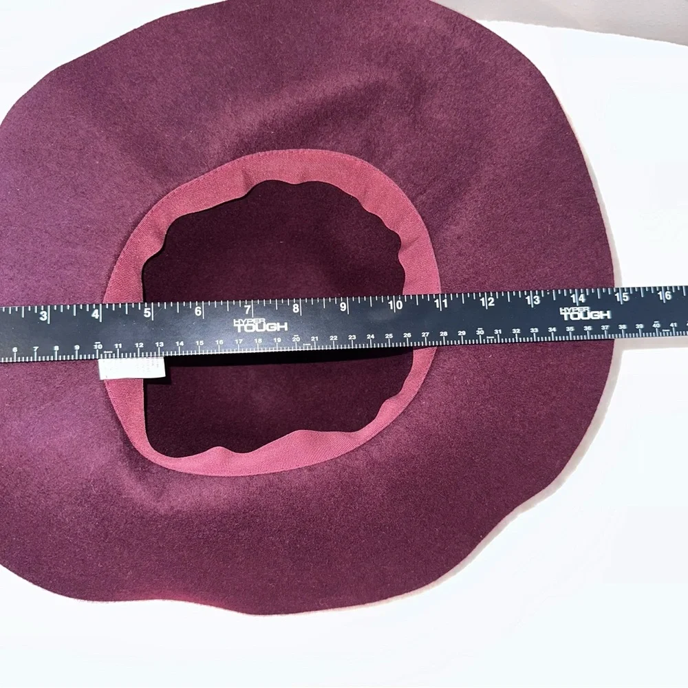 100% Wool Wide Brim Burgundy Wine Red Target Round Floppy Hat Thin Black Belt